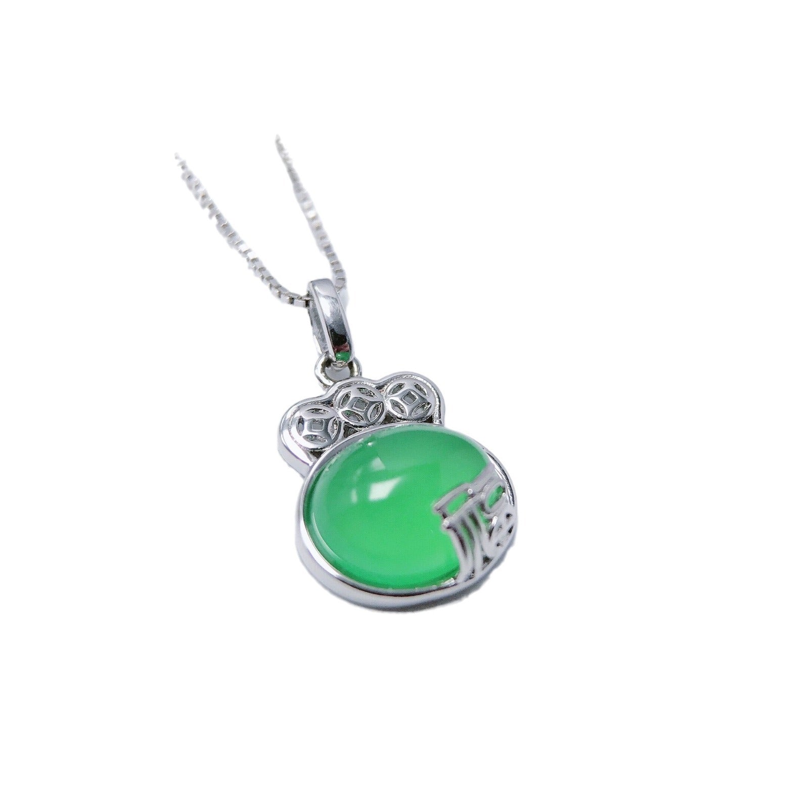 Gold Art Green chalcedony blessing copper coin silver pendant daily wear Mother's Day gift retro necklace