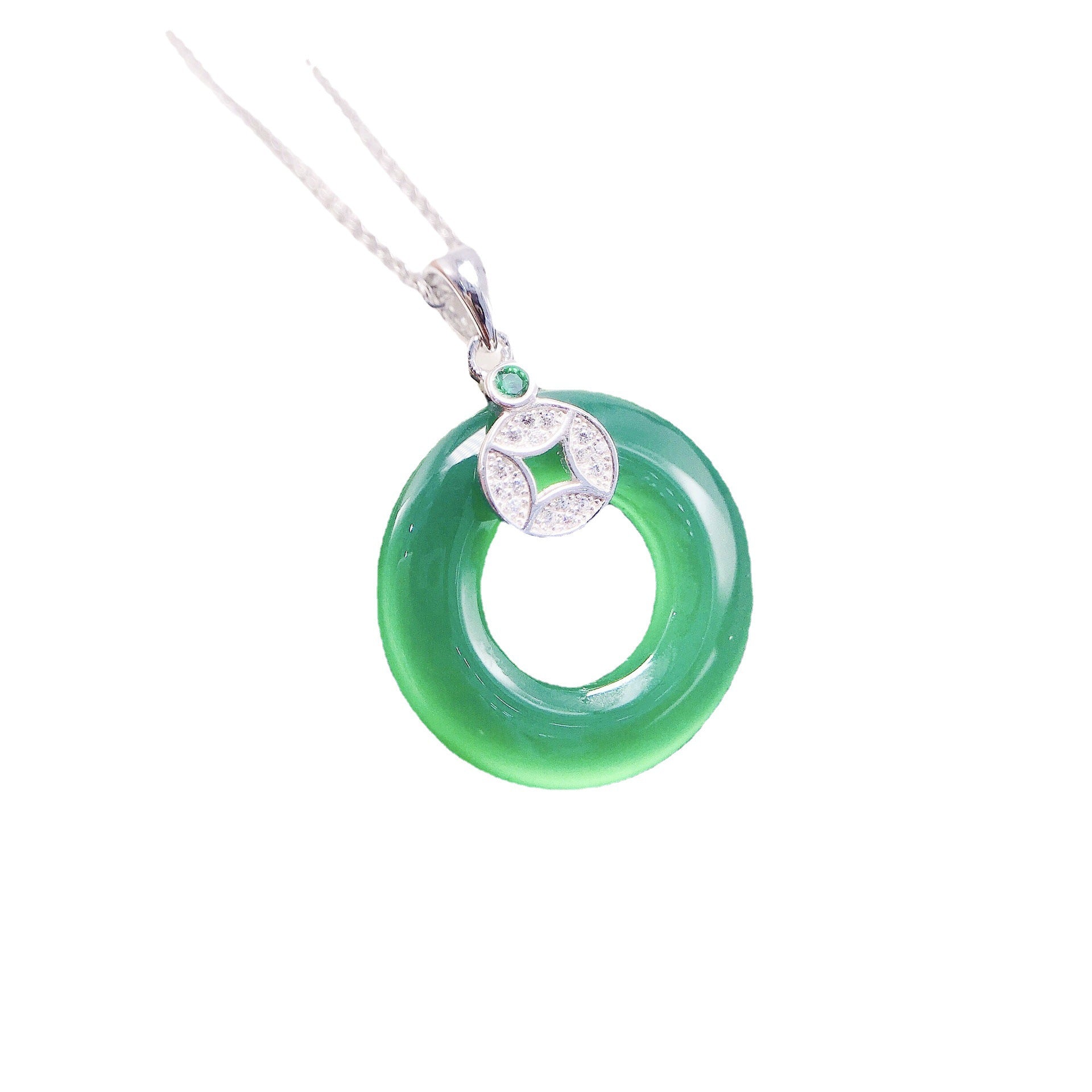 Gold Art Natural green chalcedony donut silver diamond pendant, peace buckle shape jade necklace, Mother's Day gift, commuting date party exquisite jewelry