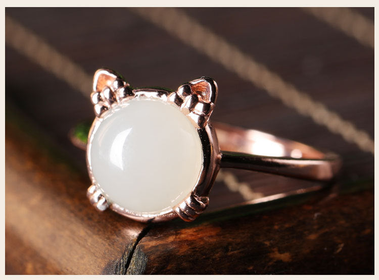Gold Art With appraisal certificate | 925 sterling silver with rose gold plated Hetian jade ring Cute cat shape design | Natural jade + sweet and cute style, captures the hearts of girls!
