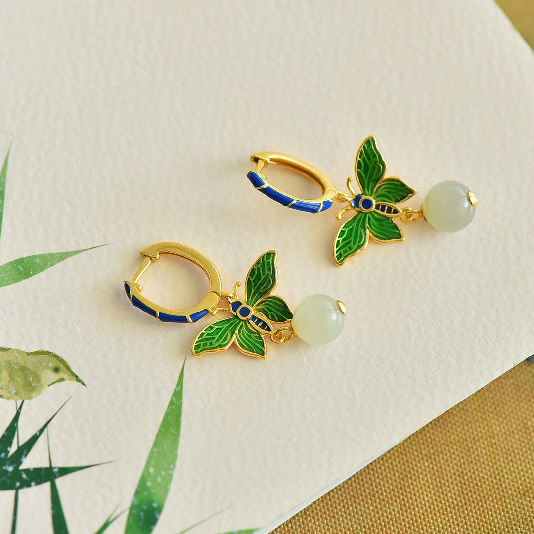 Gold Art Enamel butterfly Hetian jade earrings | with natural jade identification certificate Blue and green contrasting design Daily commuting/gift/dinner accessories