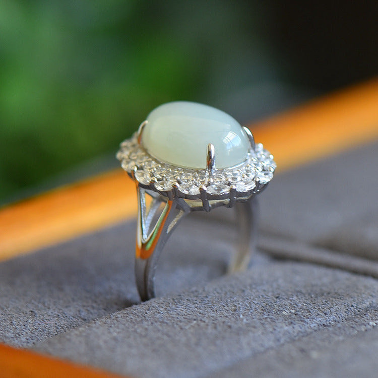 Gold Art 925 sterling silver Hetian jade egg-shaped ring | with identification certificate Full of design sense, suitable for daily life/gift/party and other occasions, exquisite and elegant jade ring