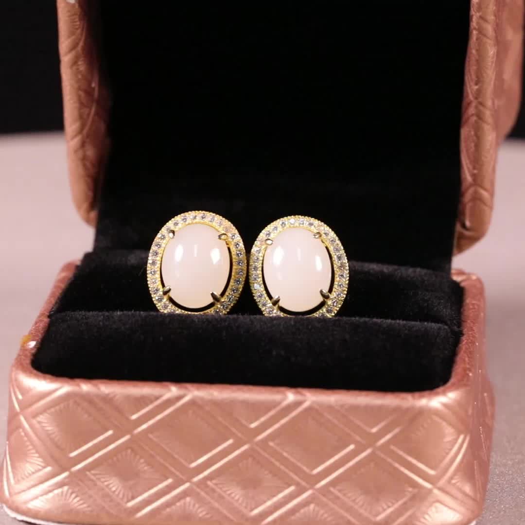 Gold Art Certified Hetian Jade Stud Earrings - Gold - Plated with Diamond - Encrusted Halo, Elegant Design for Daily & Special Occasions