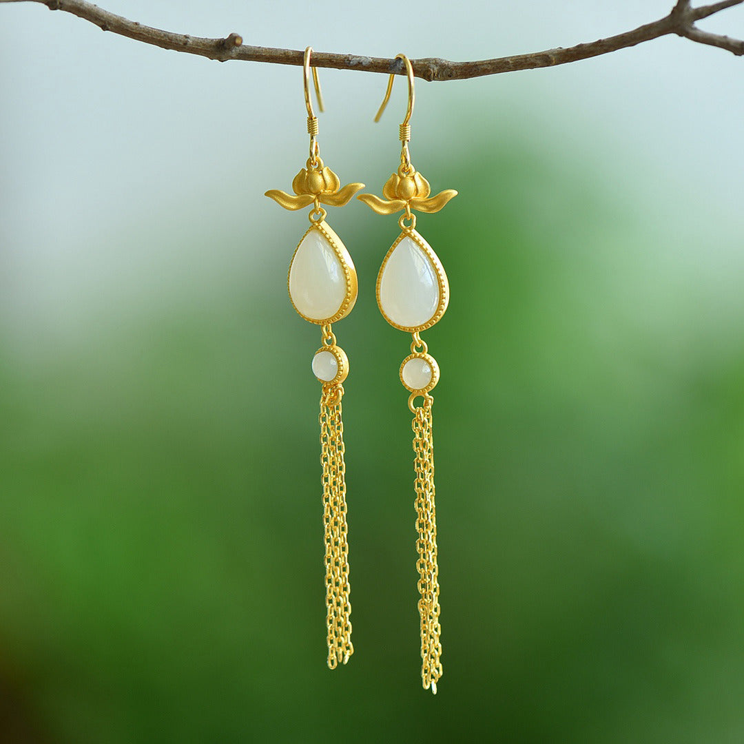 Gold Art Natural Hetian jade water drop tassel earrings | Golden lotus shape with identification certificate Chinese Hanfu/dinner/daily commuting gift high-end jewelry