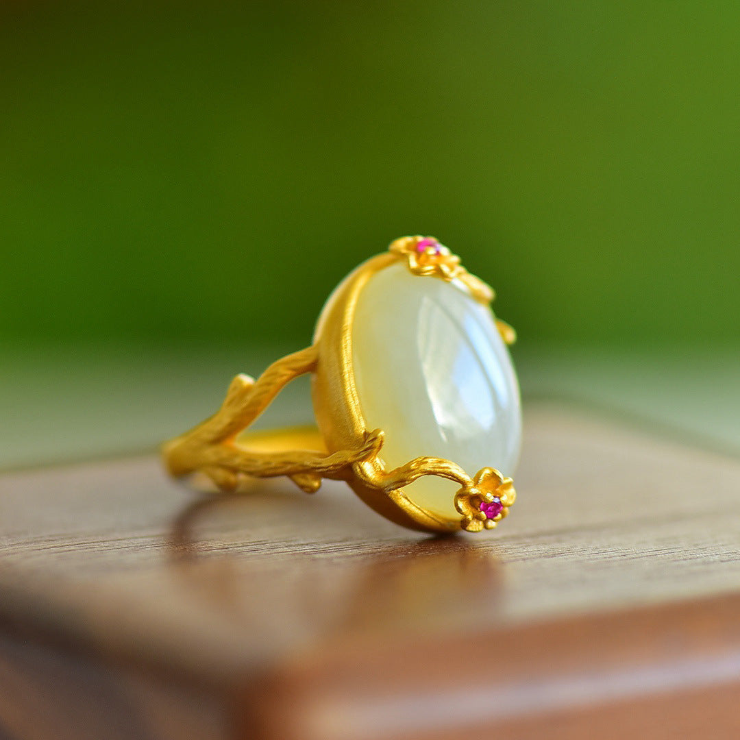 Gold Art With identification certificate | 925 sterling silver gilt Hetian jade ring Flower branches embrace jade powder gemstone embellishment design | Daily/Hanfu/Gift Natural jade + oriental retro aesthetics, wear poetry on your fingertips