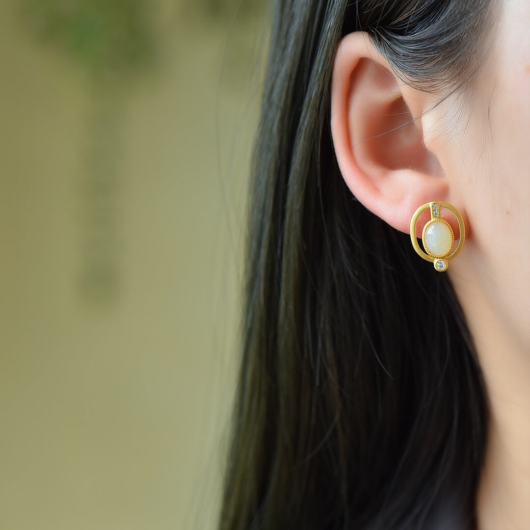 Gold Art Certified Hetian Jade Stud Earrings in Gold Plating - Diamond - Accented, Suitable for Daily Style and Meaningful Gifts