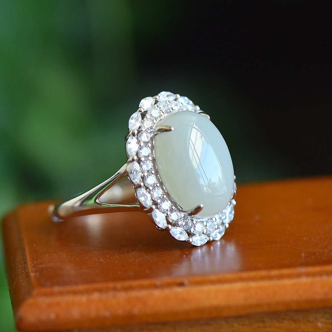 Gold Art 925 sterling silver Hetian jade egg-shaped ring | with identification certificate Full of design sense, suitable for daily life/gift/party and other occasions, exquisite and elegant jade ring