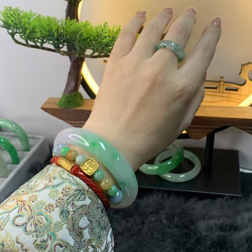 Gold Art Certificate of Authenticity Included | Burmese Jadeite Green Jade Bracelet Ice Flower Relief Design | Perfect for everyday wear, banquets, or gifts. Natural jade for a luxurious feel.