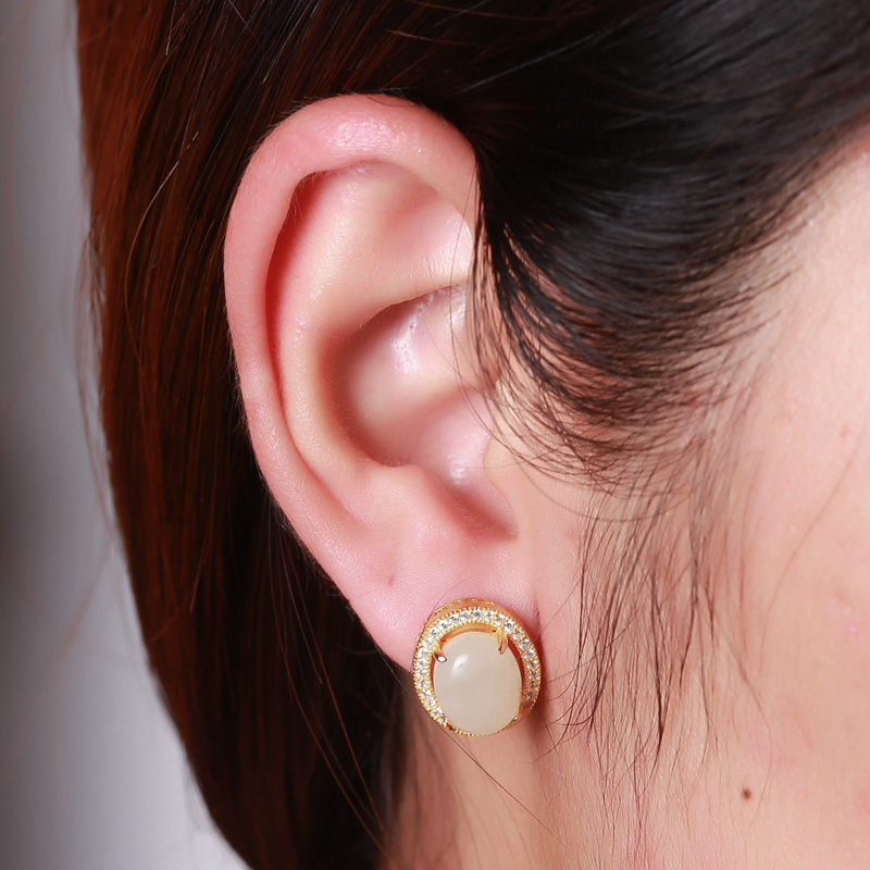 Gold Art Certified Hetian Jade Stud Earrings - Gold - Plated with Diamond - Encrusted Halo, Elegant Design for Daily & Special Occasions