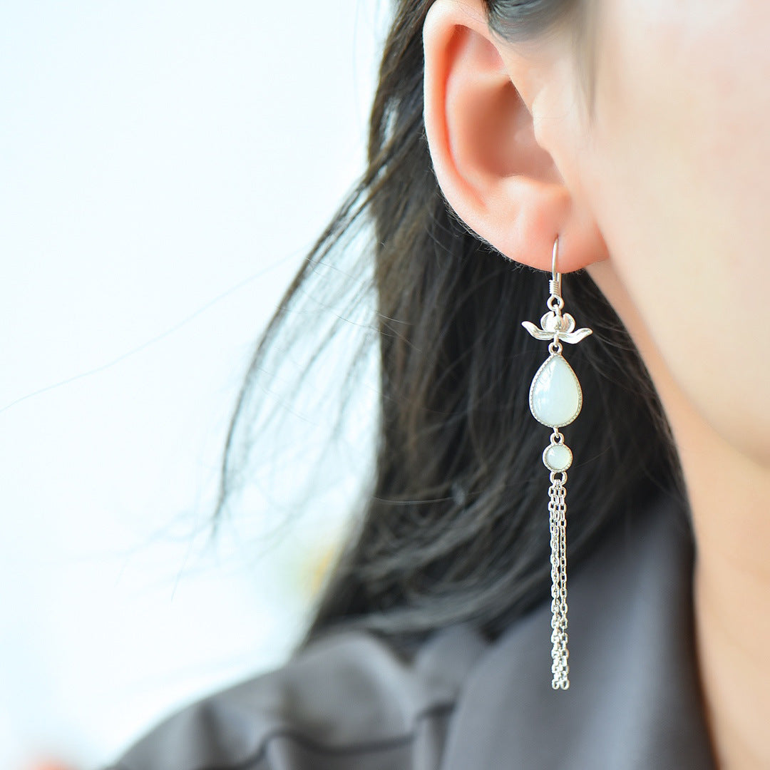 Gold Art Natural Hetian jade water drop tassel earrings | Golden lotus shape with identification certificate Chinese Hanfu/dinner/daily commuting gift high-end jewelry