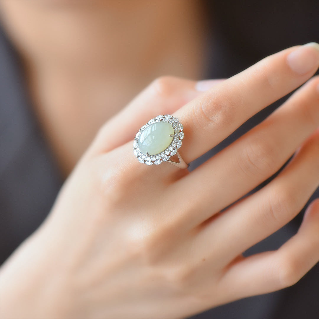 Gold Art 925 sterling silver Hetian jade egg-shaped ring | with identification certificate Full of design sense, suitable for daily life/gift/party and other occasions, exquisite and elegant jade ring