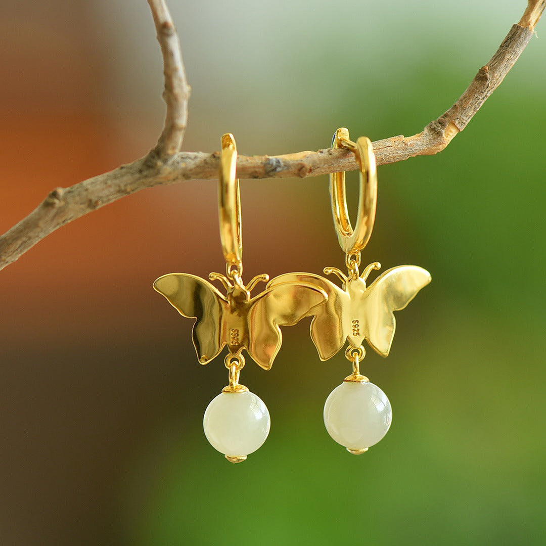Gold Art Enamel butterfly Hetian jade earrings | with natural jade identification certificate Blue and green contrasting design Daily commuting/gift/dinner accessories