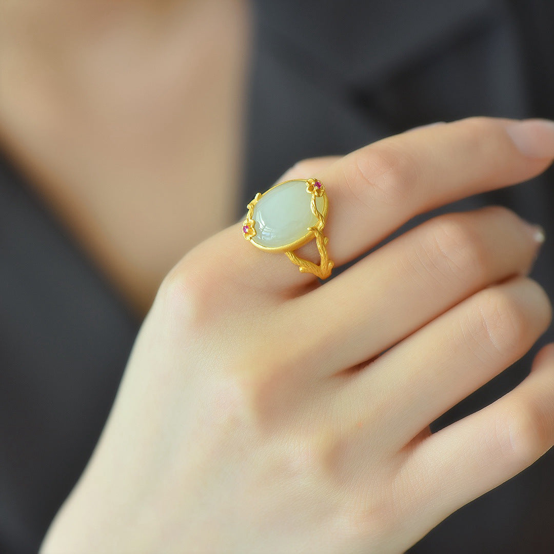 Gold Art With identification certificate | 925 sterling silver gilt Hetian jade ring Flower branches embrace jade powder gemstone embellishment design | Daily/Hanfu/Gift Natural jade + oriental retro aesthetics, wear poetry on your fingertips
