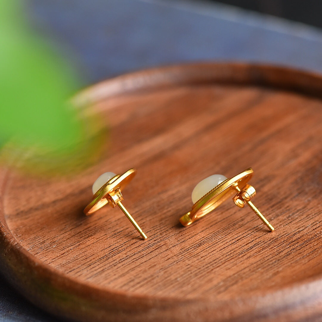 Gold Art Certified Hetian Jade Stud Earrings in Gold Plating - Diamond - Accented, Suitable for Daily Style and Meaningful Gifts