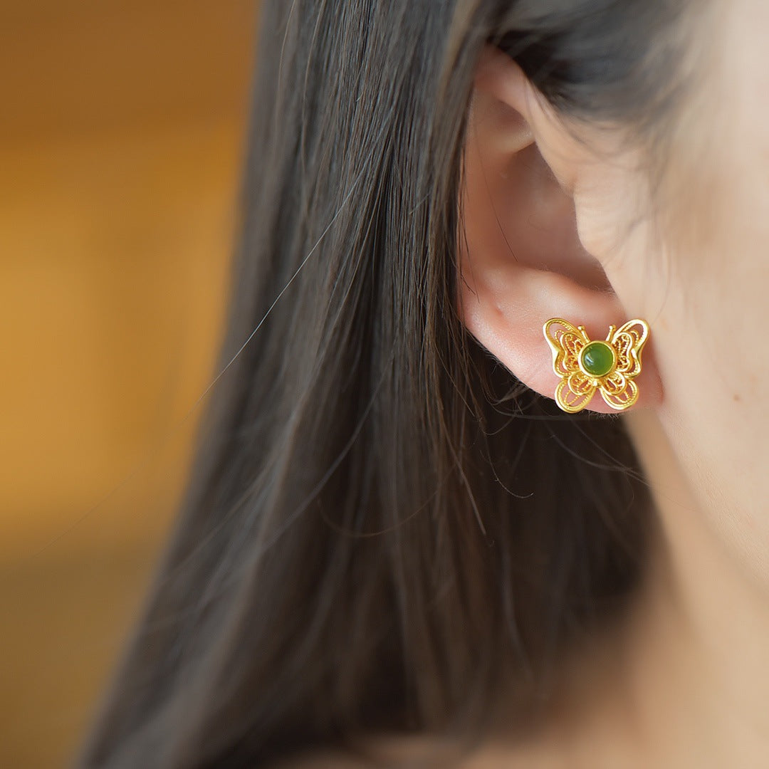 Gold Art Certified natural green jade butterfly stud earrings Gold plated artisan design | Elegant and chic, perfect for everyday wear, gift giving and special occasions