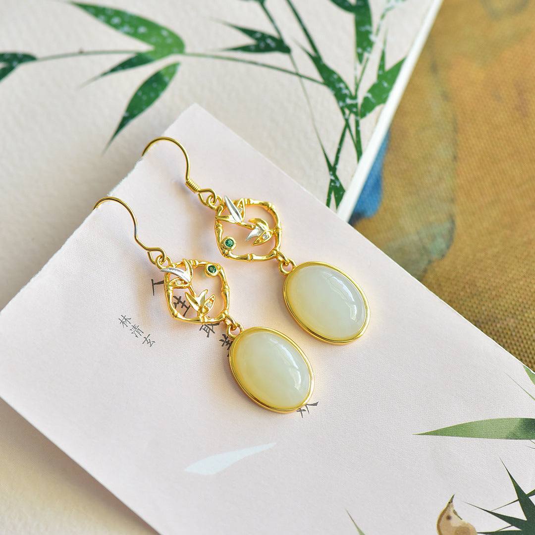 Gold Art Certified natural Hetian jade earrings with gold plated bamboo pattern and gemstones | Perfect for everyday wear, gift giving and special occasions