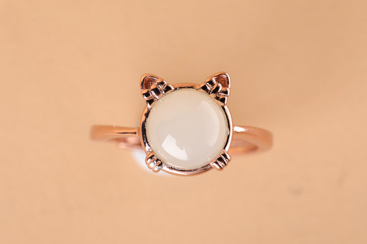 Gold Art With appraisal certificate | 925 sterling silver with rose gold plated Hetian jade ring Cute cat shape design | Natural jade + sweet and cute style, captures the hearts of girls!