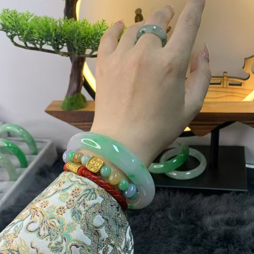 Gold Art Certificate of Authenticity Included | Burmese Jadeite Green Jade Bracelet Ice Flower Relief Design | Perfect for everyday wear, banquets, or gifts. Natural jade for a luxurious feel.
