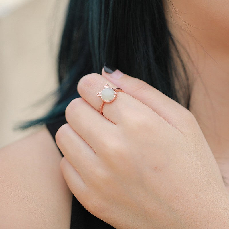 Gold Art With appraisal certificate | 925 sterling silver with rose gold plated Hetian jade ring Cute cat shape design | Natural jade + sweet and cute style, captures the hearts of girls!