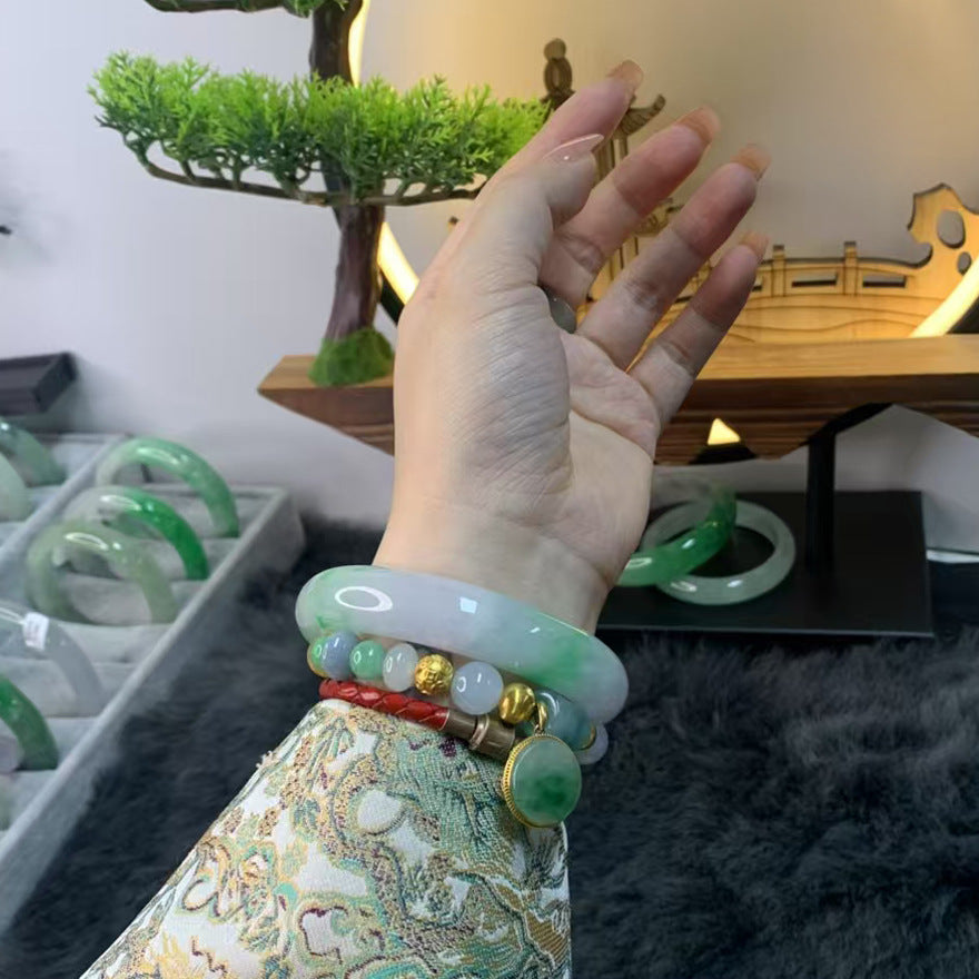 Gold Art Certificate of Authenticity Included | Burmese Jadeite Green Jade Bracelet Ice Flower Relief Design | Perfect for everyday wear, banquets, or gifts. Natural jade for a luxurious feel.