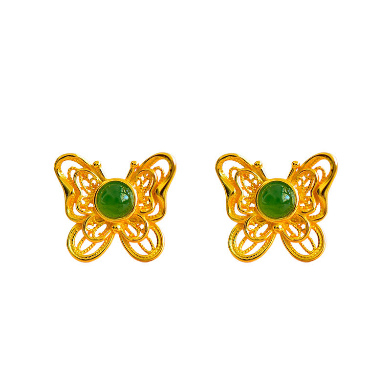 Gold Art Certified natural green jade butterfly stud earrings Gold plated artisan design | Elegant and chic, perfect for everyday wear, gift giving and special occasions
