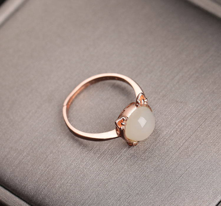 Gold Art With appraisal certificate | 925 sterling silver with rose gold plated Hetian jade ring Cute cat shape design | Natural jade + sweet and cute style, captures the hearts of girls!