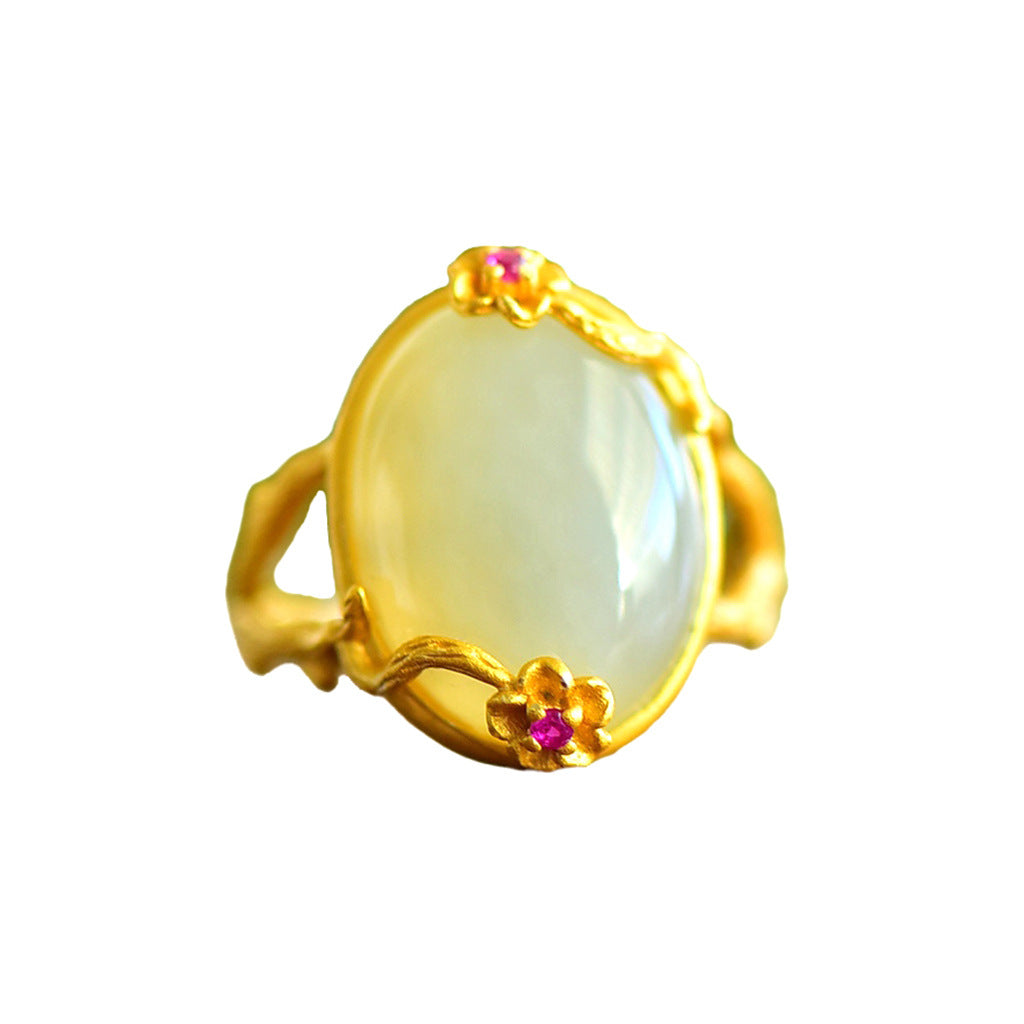 Gold Art With identification certificate | 925 sterling silver gilt Hetian jade ring Flower branches embrace jade powder gemstone embellishment design | Daily/Hanfu/Gift Natural jade + oriental retro aesthetics, wear poetry on your fingertips