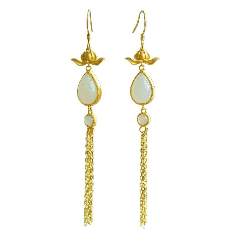 Gold Art Natural Hetian jade water drop tassel earrings | Golden lotus shape with identification certificate Chinese Hanfu/dinner/daily commuting gift high-end jewelry