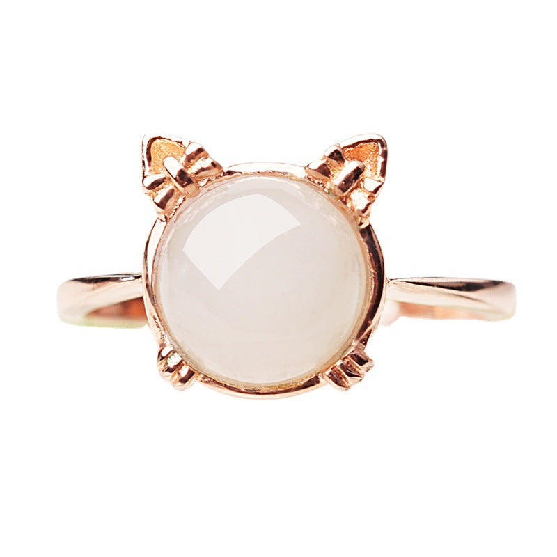 Gold Art With appraisal certificate | 925 sterling silver with rose gold plated Hetian jade ring Cute cat shape design | Natural jade + sweet and cute style, captures the hearts of girls!