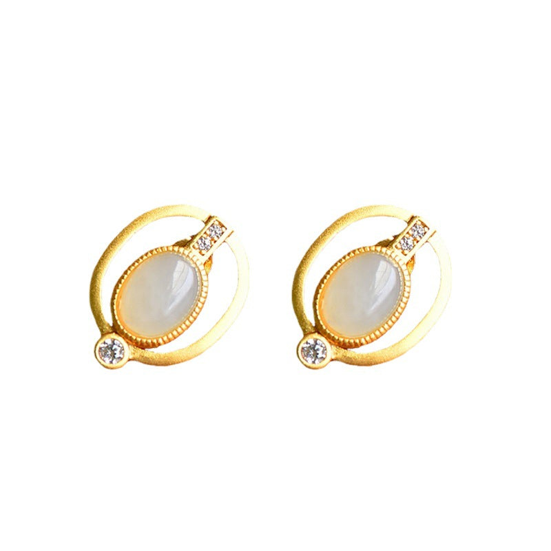 Gold Art Certified Hetian Jade Stud Earrings in Gold Plating - Diamond - Accented, Suitable for Daily Style and Meaningful Gifts