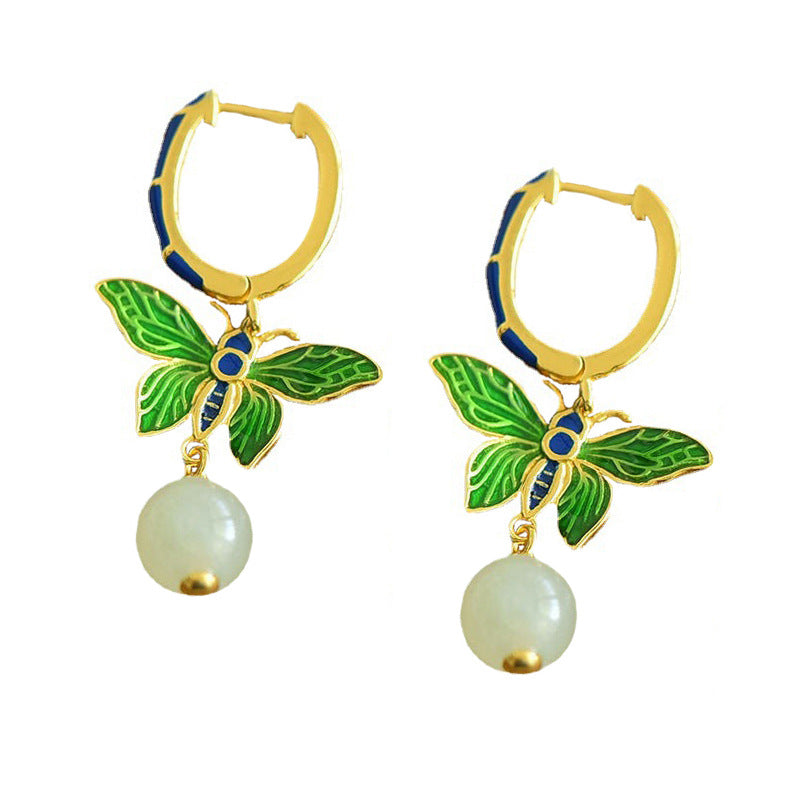 Gold Art Enamel butterfly Hetian jade earrings | with natural jade identification certificate Blue and green contrasting design Daily commuting/gift/dinner accessories