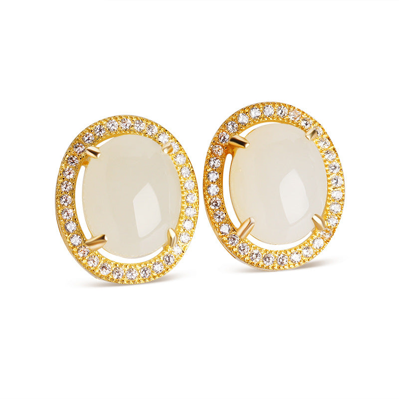 Gold Art Certified Hetian Jade Stud Earrings - Gold - Plated with Diamond - Encrusted Halo, Elegant Design for Daily & Special Occasions