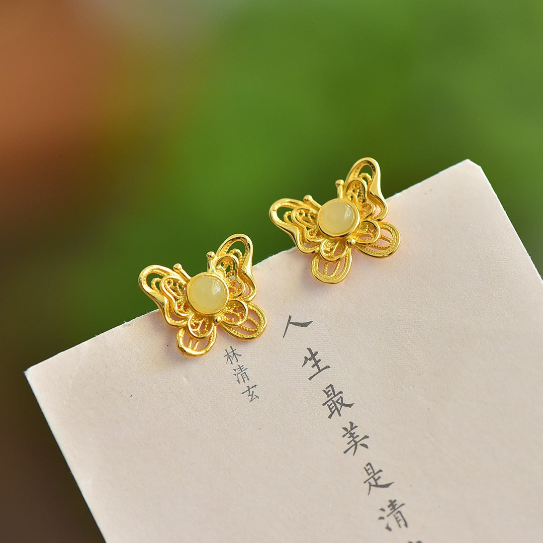 Gold Art Certified natural green jade butterfly stud earrings Gold plated artisan design | Elegant and chic, perfect for everyday wear, gift giving and special occasions