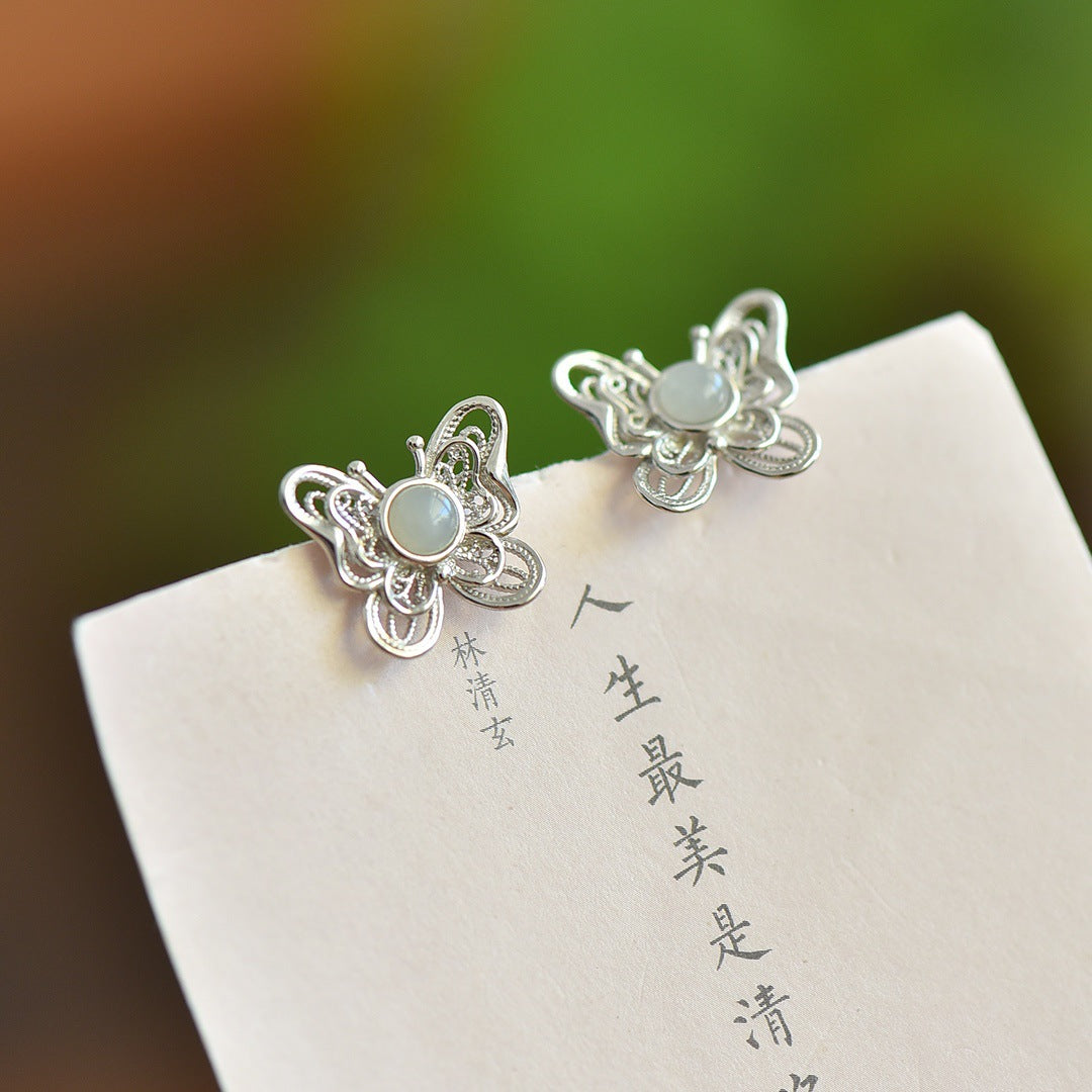 Gold Art Certified natural green jade butterfly stud earrings Gold plated artisan design | Elegant and chic, perfect for everyday wear, gift giving and special occasions