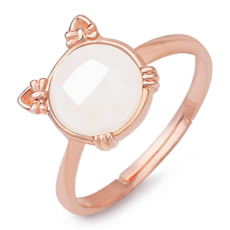 Gold Art With appraisal certificate | 925 sterling silver with rose gold plated Hetian jade ring Cute cat shape design | Natural jade + sweet and cute style, captures the hearts of girls!
