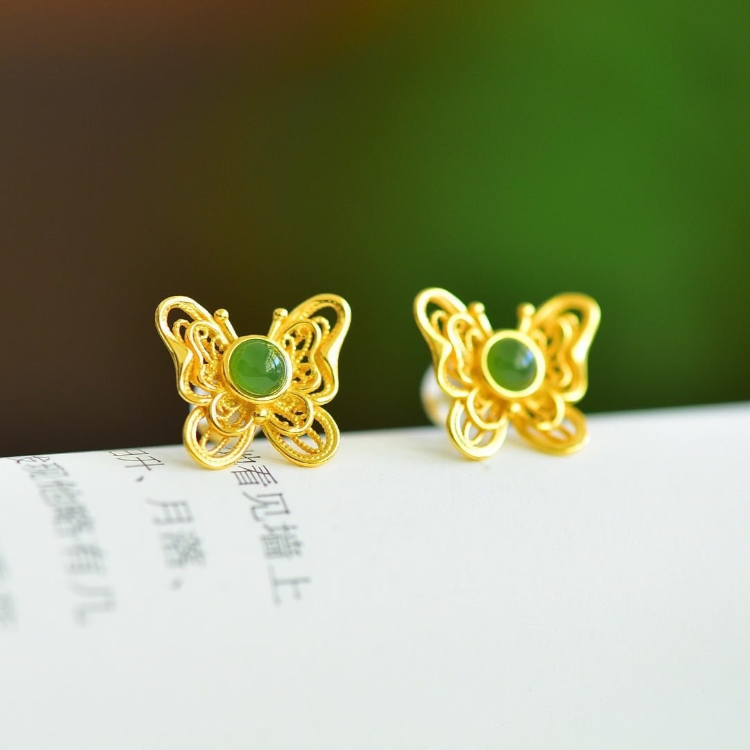 Gold Art Certified natural green jade butterfly stud earrings Gold plated artisan design | Elegant and chic, perfect for everyday wear, gift giving and special occasions