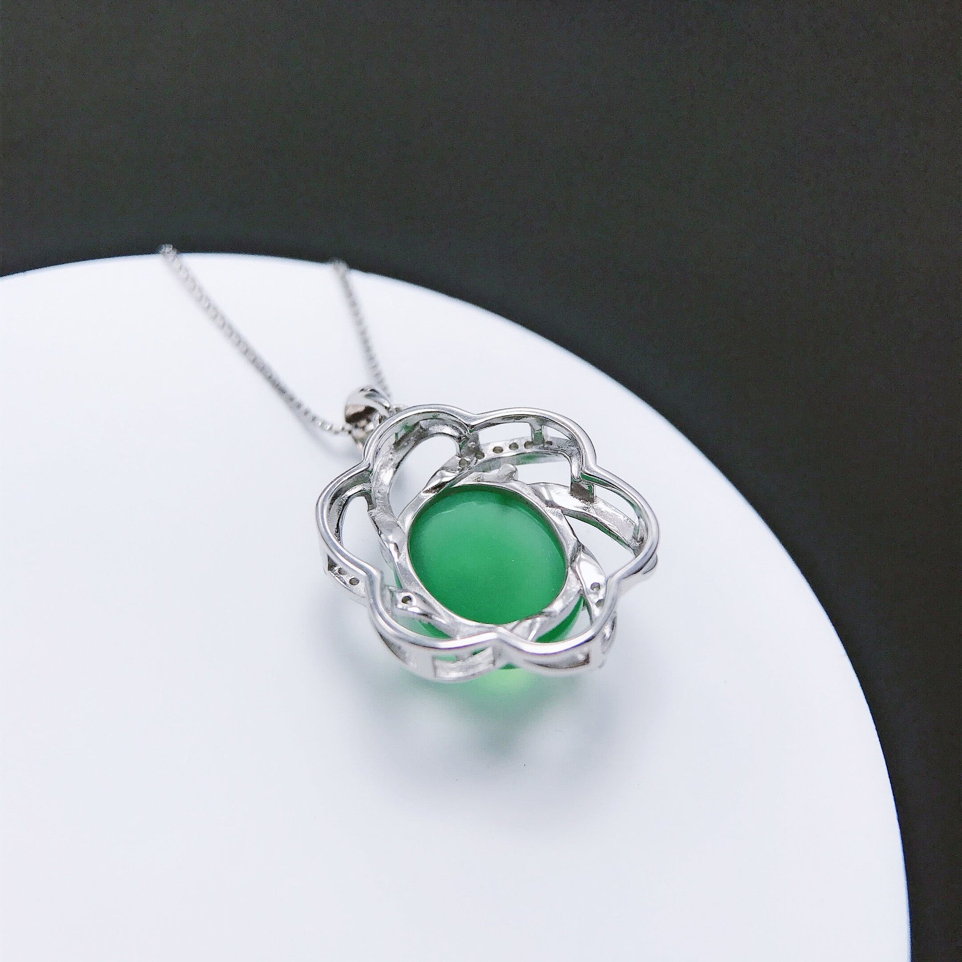 Gold Art Silver and diamond-set Sun Green Jadeite Chalcedony Petal Pendant|Festival gift Precious gift with oriental poetry