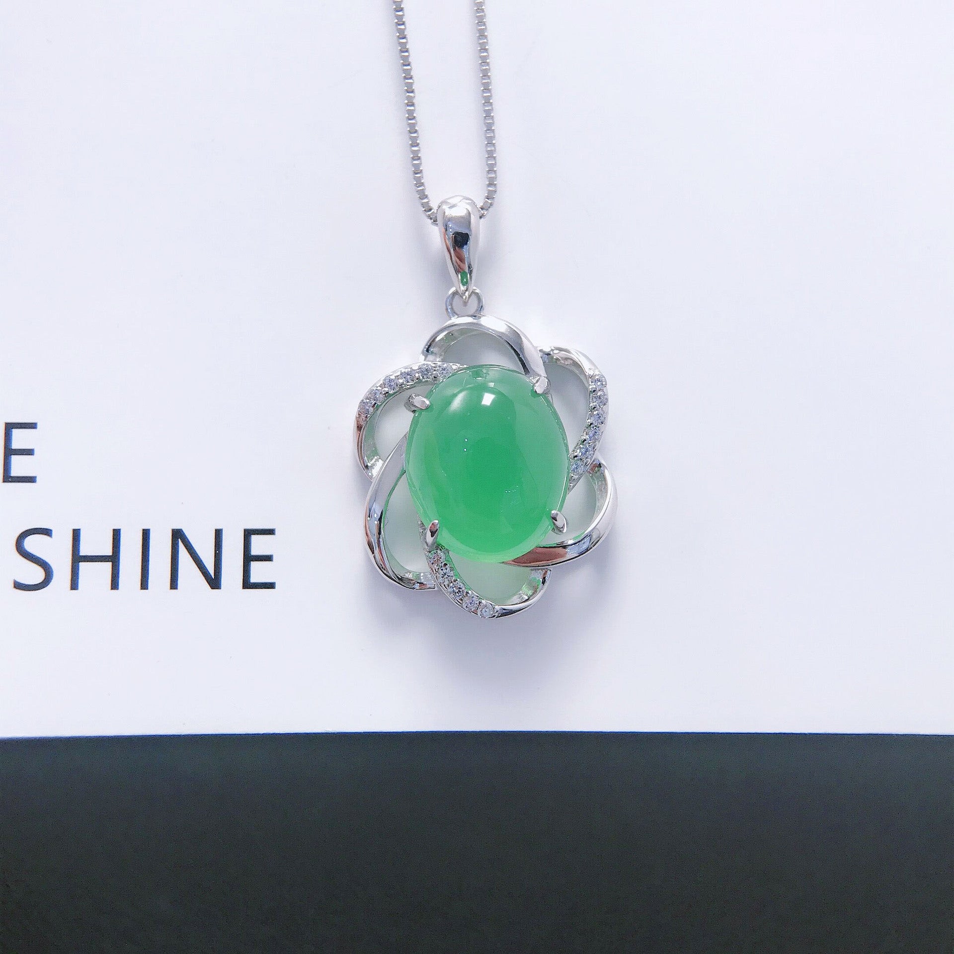 Gold Art Silver and diamond-set Sun Green Jadeite Chalcedony Petal Pendant|Festival gift Precious gift with oriental poetry