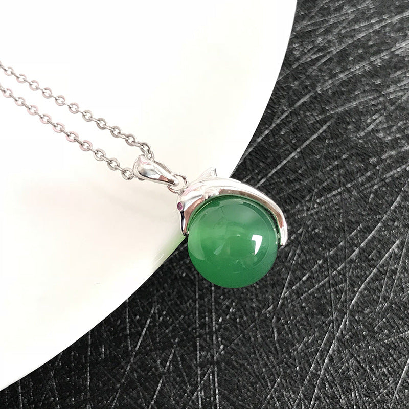Gold Art Ocean Elf S925 Silver Green Chalcedony Dolphin Pendant Pink Diamond Suitable for Daily Wear/Dating/Gift Jewelry