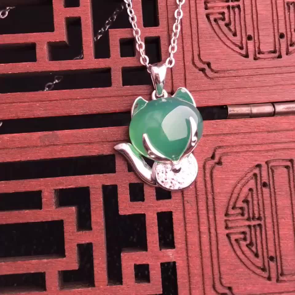 Gold Art Silver inlaid natural green chalcedony cat pendant Cute pet shape jade necklace Daily commuting date gift jewelry for girlfriends