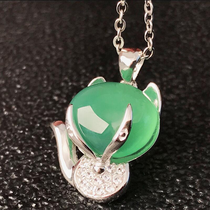 Gold Art Silver inlaid natural green chalcedony cat pendant Cute pet shape jade necklace Daily commuting date gift jewelry for girlfriends