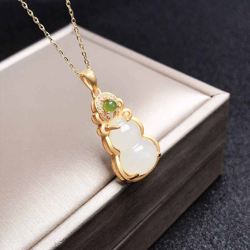 Gold Art Silver-plated Hetian jade gourd pendant, white jade Fulu design, green jade inlaid with diamonds, daily wear, gift jewelry for elders