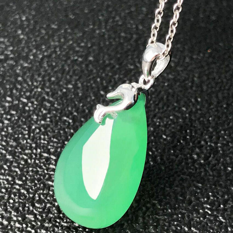 Gold Art Silver inlaid natural green chalcedony water drop pendant Dolphin buckle necklace Daily commuting date to send girlfriend fresh jewelry