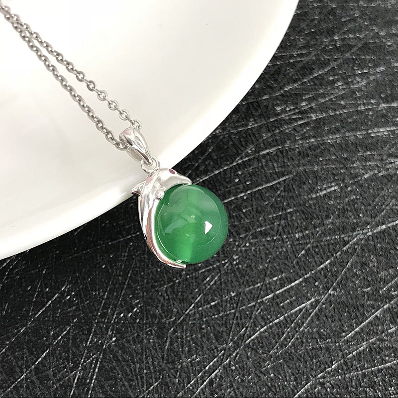 Gold Art Ocean Elf S925 Silver Green Chalcedony Dolphin Pendant Pink Diamond Suitable for Daily Wear/Dating/Gift Jewelry