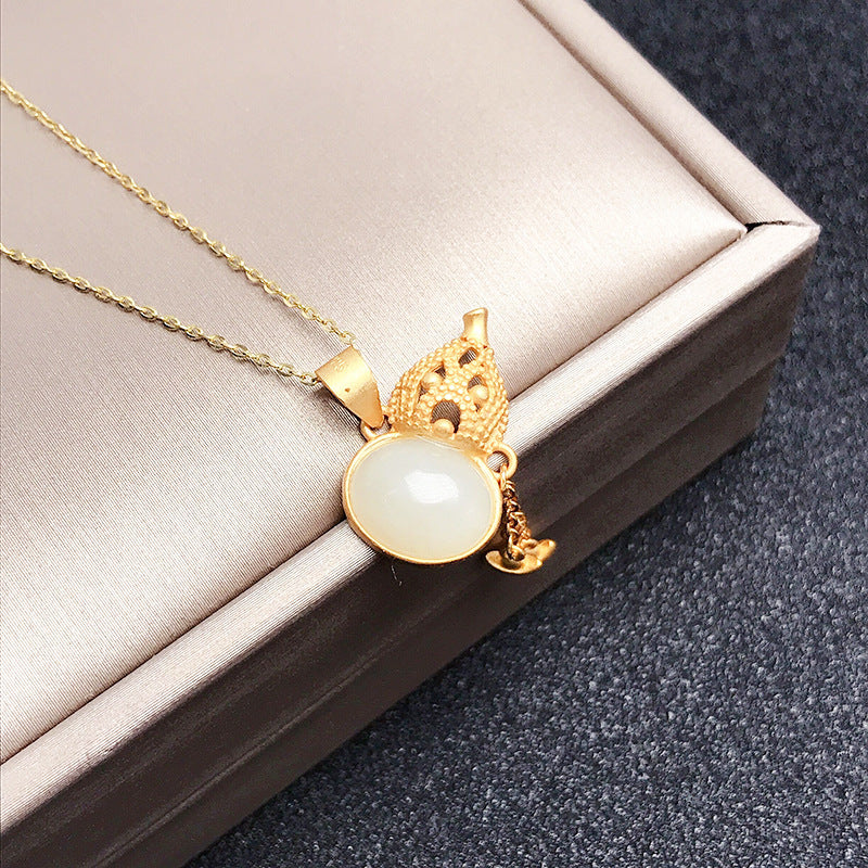 Gold Art Gold Plated Hetian Jade Gourd Pendant Necklace - Elegant Everyday Wear, Perfect Gift