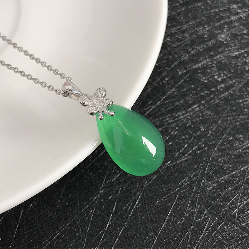 Gold Art Natural green chalcedony water drop pendant silver dragonfly diamond necklace daily wear birthday gift temperament clavicle chain