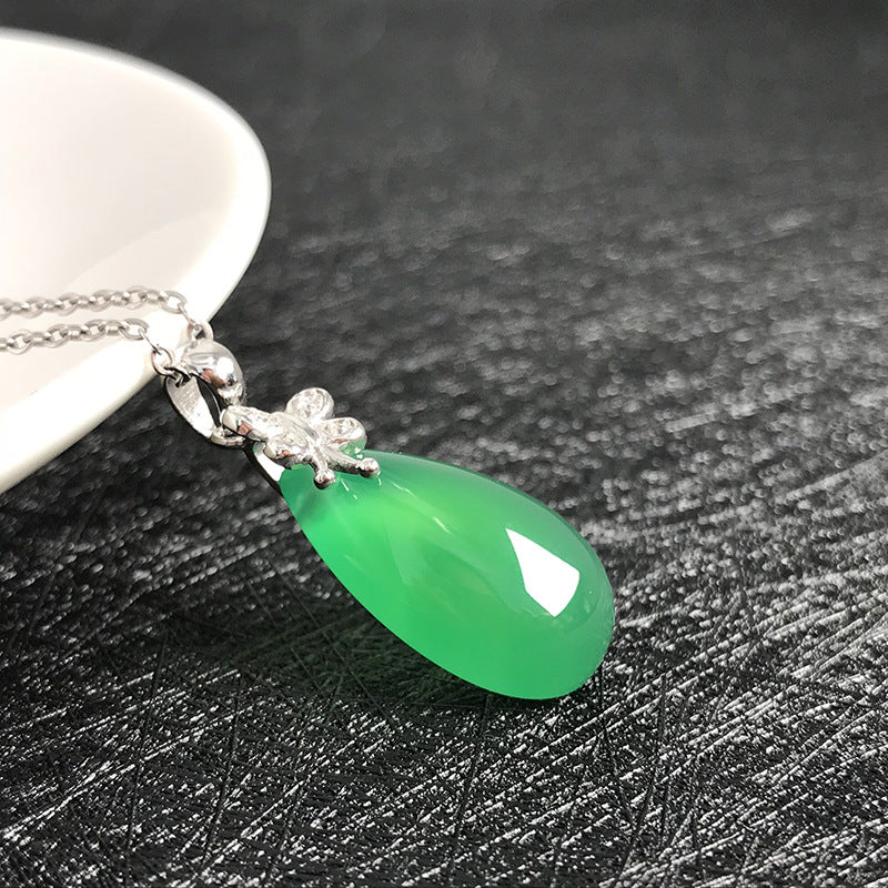 Gold Art Natural green chalcedony water drop pendant silver dragonfly diamond necklace daily wear birthday gift temperament clavicle chain