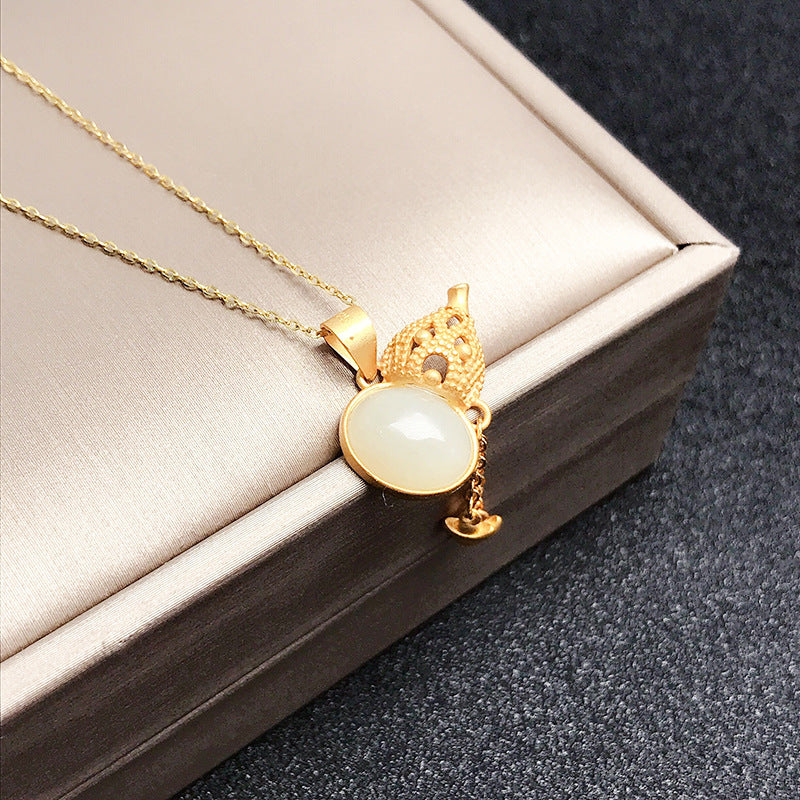 Gold Art Gold Plated Hetian Jade Gourd Pendant Necklace - Elegant Everyday Wear, Perfect Gift