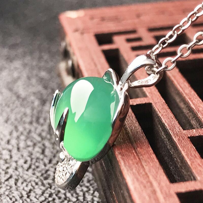 Gold Art Silver inlaid natural green chalcedony cat pendant Cute pet shape jade necklace Daily commuting date gift jewelry for girlfriends