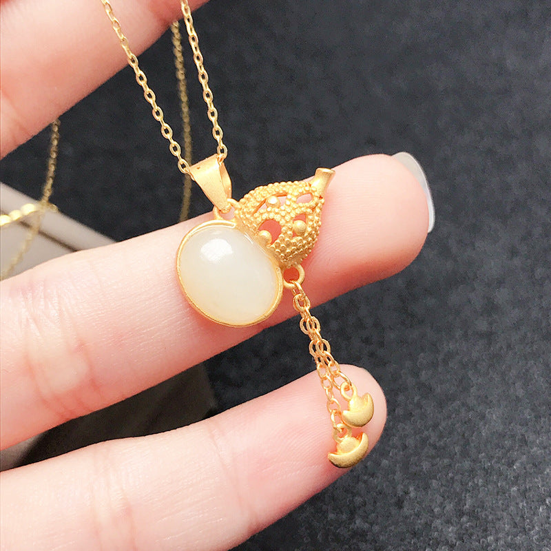 Gold Art Gold Plated Hetian Jade Gourd Pendant Necklace - Elegant Everyday Wear, Perfect Gift