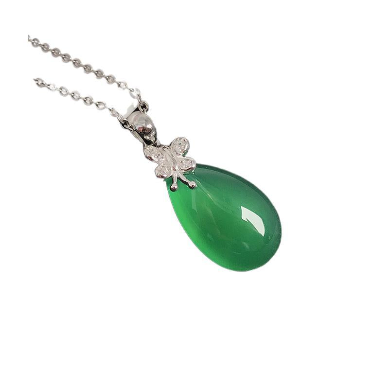 Gold Art Natural green chalcedony water drop pendant silver dragonfly diamond necklace daily wear birthday gift temperament clavicle chain